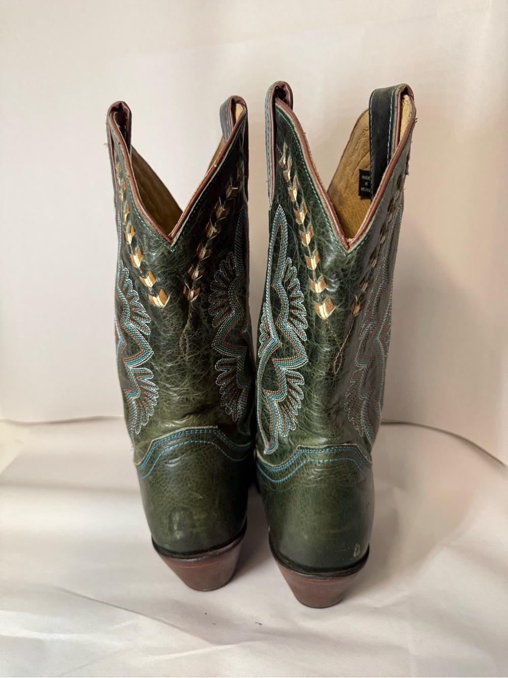 Justin Boots Tan Leather Cowboy Boots with Teal Stitching - Picture 5 of 11